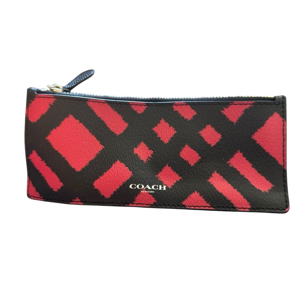 Coach Red Black Long Zipper Wallet Clutch Coin Purse Plaid